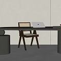 Modern Minimalist Desk Setup With Wooden Chair Laptop And Small Bowl