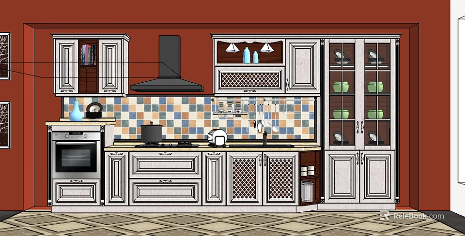 Classic Kitchen Featuring White Cabinets Tile Backsplash Open Shelving And Appliances 3d model 