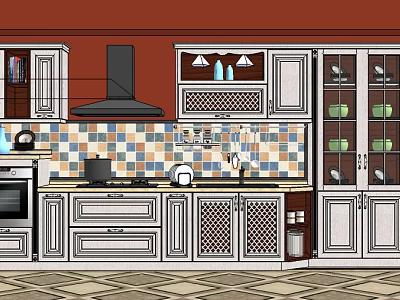 Classic Kitchen Featuring White Cabinets Tile Backsplash Open Shelving And Appliances 3d model