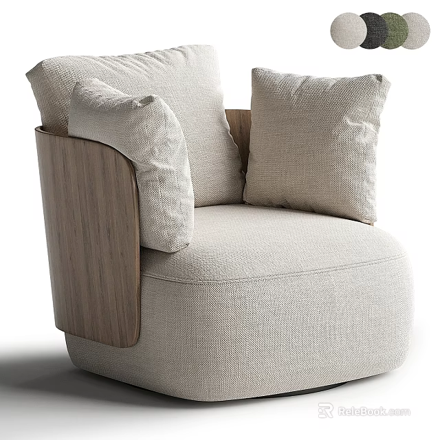 Modern Beige Upholstered Accent Chair With Wooden Armrests And Soft Cushions 3d model 