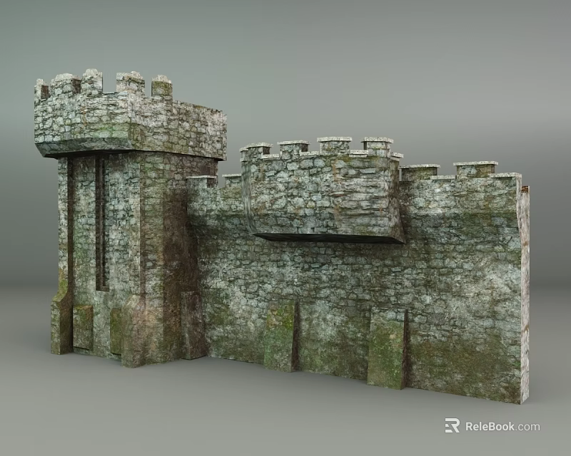 Ancient Medieval Stone Castle Wall With Tower Battlements And Mossy Texture 3d model 