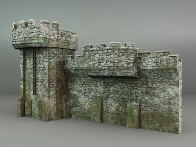 Ancient Medieval Stone Castle Wall With Tower Battlements And Mossy Texture 3d model