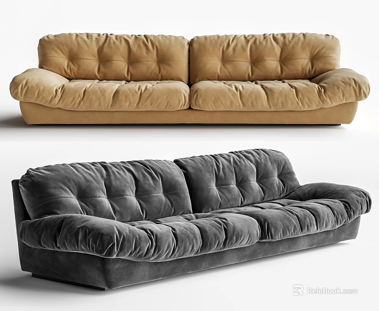Tan And Gray Sectional Sofa With Plush Velvet Upholstery And Tufted Design 3d model 