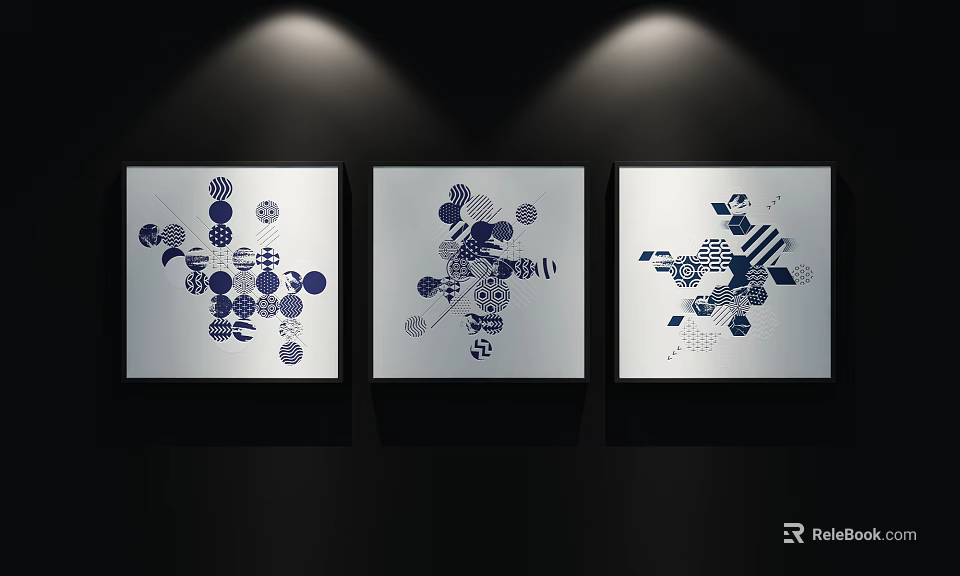 Geometric Abstract Paintings Featuring Blue Circles and Lines on White Background Hanging on Wall 3d model 