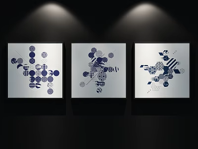 Geometric Abstract Paintings Featuring Blue Circles and Lines on White Background Hanging on Wall 3d model