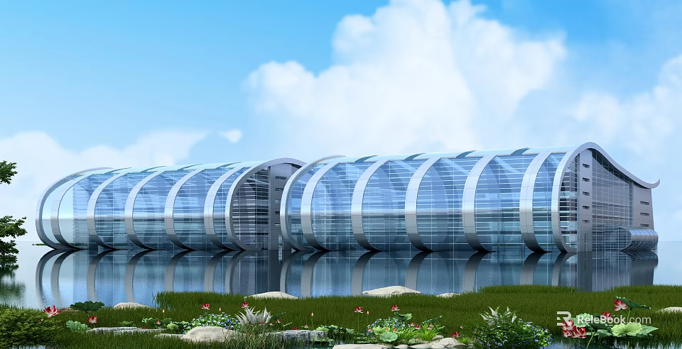 Modern Glass Curtain Wall Hotel Building by Waterfront with Reflection and Greenery 3d model 
