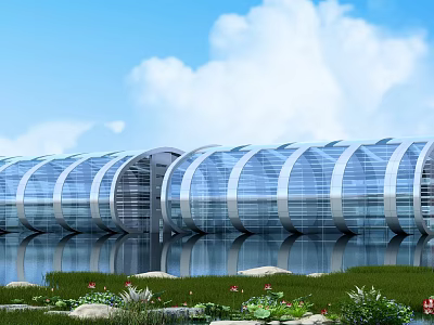 Modern Glass Curtain Wall Hotel Building by Waterfront with Reflection and Greenery 3d model