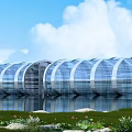 Modern Glass Curtain Wall Hotel Building by Waterfront with Reflection and Greenery