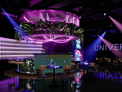 Modern Restaurant With Purple Lighting Circular Structure Green Plants Bar Counter And Wine Rack 3d model
