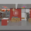 Colorful Food Specialty Store With Red Walls Logo Pendant Lights Shelves Display Cabinets Tables Chairs