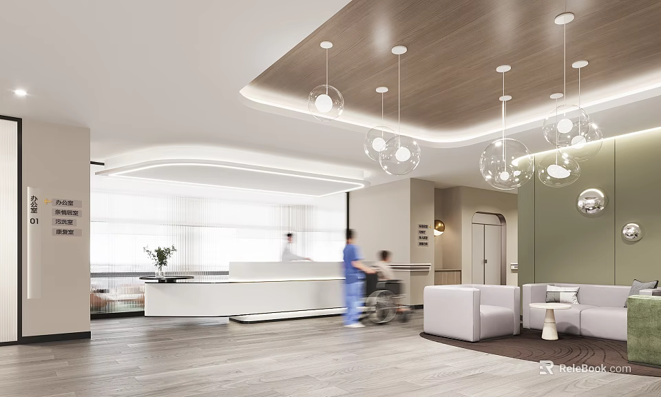 Modern Hospital Lobby Space With Reception Medical Staff And Wheelchair 3d model 