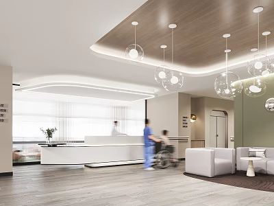 Modern Hospital Lobby Space With Reception Medical Staff And Wheelchair 3d model