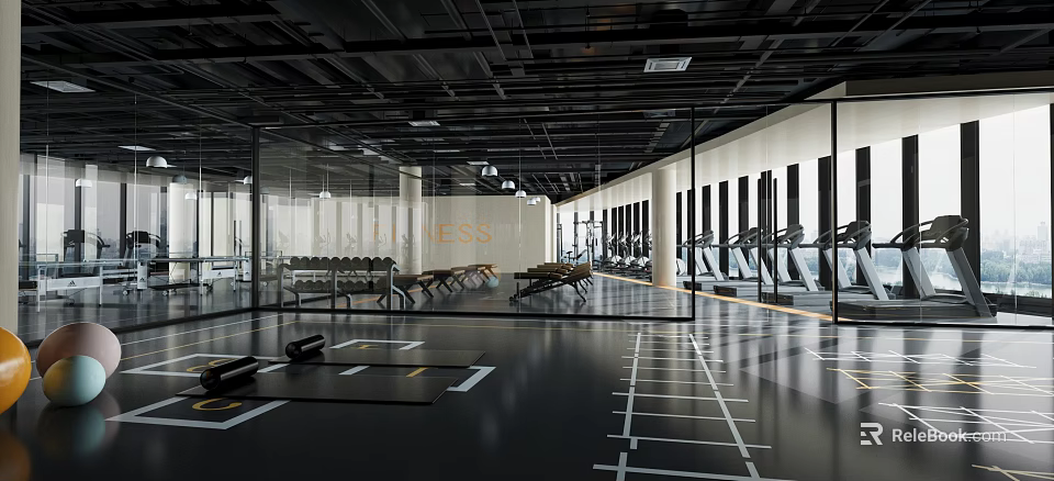 Modern Fitness Gym Interior With Treadmills Weight Benches Training Markings Glass Partitions And Black Floor 3d model 