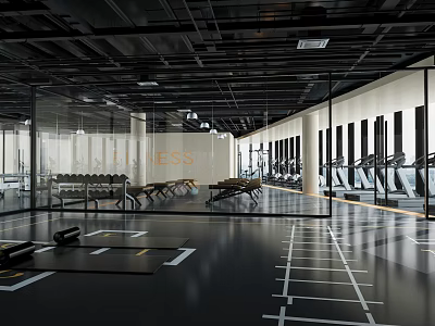 Modern Fitness Gym Interior With Treadmills Weight Benches Training Markings Glass Partitions And Black Floor 3d model