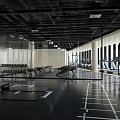 Modern Fitness Gym Interior With Treadmills Weight Benches Training Markings Glass Partitions And Black Floor