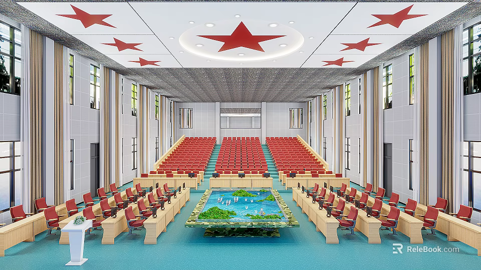 Large Conference Hall Interior With Red Seats Ceiling Red Stars And Central Decorative Pool 3d model 