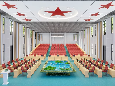 Large Conference Hall Interior With Red Seats Ceiling Red Stars And Central Decorative Pool 3d model