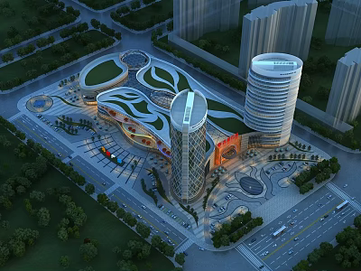 Modern Commercial Complex Featuring Unique Curved Design Open Plaza and Green Surroundings 3d model