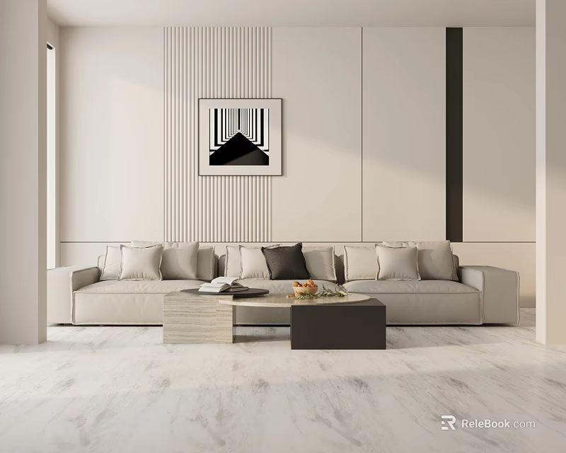 Three Seater Sofa In Modern Living Room With Neutral Tones Decorative Painting And Coffee Table 3d model 