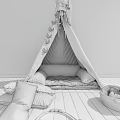 White Tipi Tent with Fringed Top and Decorative Pillows on Wooden Floor