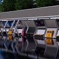 Modern Luzhuang Station Waiting Shelter With Billboards Pedestrians Reflective Ground Surrounded By Trees