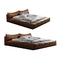 Modern Double Bed With Brown Frame White Mattress Pillows And Blanket