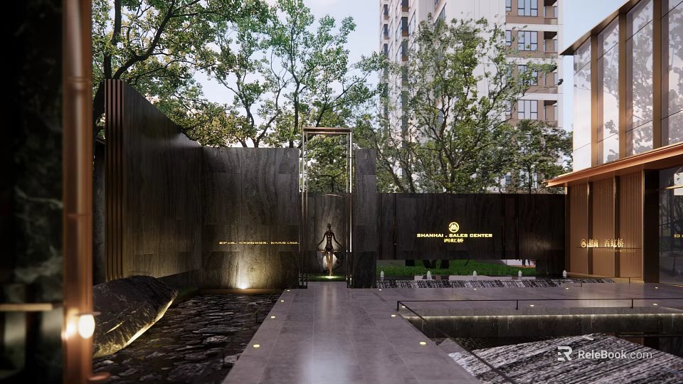 Modern Garden Landscape Design Featuring Tall Trees Stone Walls Water Pathway And Building Background 3d model 
