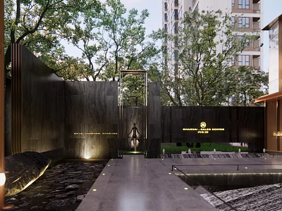 Modern Garden Landscape Design Featuring Tall Trees Stone Walls Water Pathway And Building Background 3d model