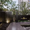 Modern Garden Landscape Design Featuring Tall Trees Stone Walls Water Pathway And Building Background