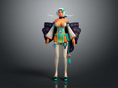Female Fantasy Character With Butterfly Wings In Traditional Blue White Ornate Costume And High Heels 3d model