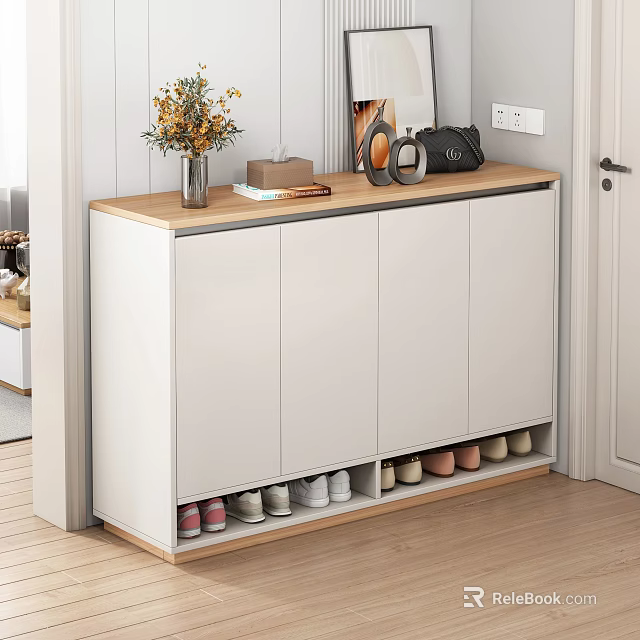 Modern White Shoe Cabinet With Wooden Top And Open Compartments For Shoes 3d model 