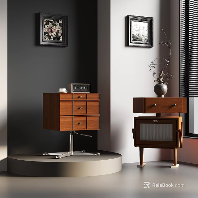 Vintage Wooden Furniture Display With Drawer Cabinet TV Stand Clock Vase And Wall Art 3d model 