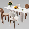White Rectangular Dining Table Set with Wooden Leg Chairs and Flower Vase Fruit Plate Magazine