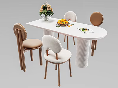 White Rectangular Dining Table Set with Wooden Leg Chairs and Flower Vase Fruit Plate Magazine 3d model