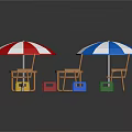 Colorful Outdoor Beach Umbrellas Tables Chairs And Storage Boxes Setup 3d model