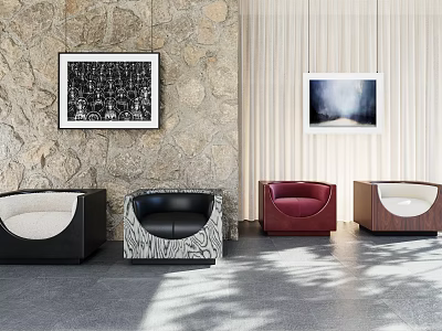 Modern Single Sofas In Black White Red Brown With Patterned Design And Stone Wall 3d model