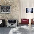Modern Single Sofas In Black White Red Brown With Patterned Design And Stone Wall