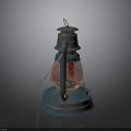 Vintage Blue Metal Lantern With Red Glass And Rustic Handle Design