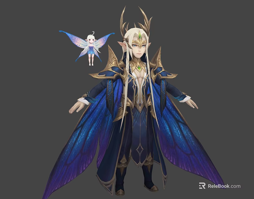 Elf Character With Ornate Blue Robe Antler Headpiece And Butterfly Fairy Creature 3d model 