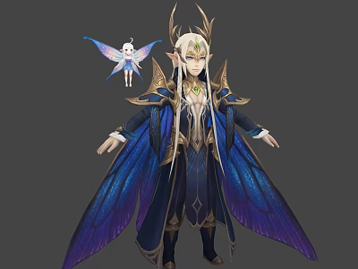 Elf Character With Ornate Blue Robe Antler Headpiece And Butterfly Fairy Creature 3d model