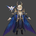 Elf Character With Ornate Blue Robe Antler Headpiece And Butterfly Fairy Creature