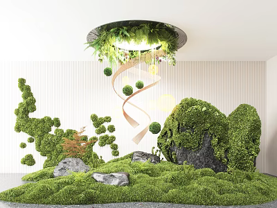 Indoor Landscape With Lush Green Moss Rocks Spiral Decor And Hanging Greenery 3d model