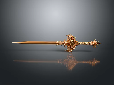 Golden Decorative Sword With Intricate Patterns On Grey Background And Reflection 3d model