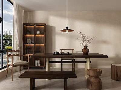 Cozy Wooden Restaurant Interior with Dining Table Bench Chairs Hanging Lamp and Natural Light 3d model