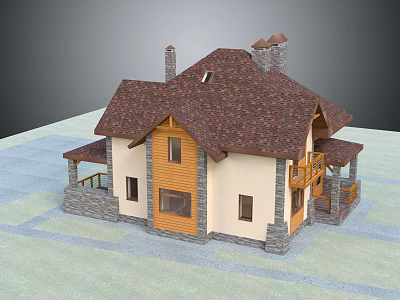 Single Family Detached Villa With Brown Tile Roof Light Exterior Wooden Accents Balcony And Chimney 3d model