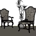 Classic Dining Chairs With Wooden Frames Black White Patterned Fabric Armrests Curved Legs Green Plant