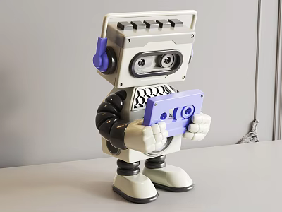 Robot Doll With Gray And White Body Purple Headphones Holding Purple Tablet On White Table 3d model