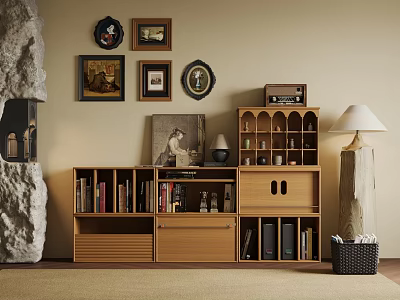 Wooden Decorative Cabinet With Books Decorative Items Radio Wall Framed Paintings Rock And Lamp 3d model