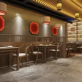 Chinese Style Private Room Interior With Round Dining Table Chairs And Decorative Screen 3d model