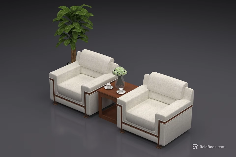 White Leisure Sofa Set with Wooden Frame Coffee Table and Green Potted Plant 3d model 